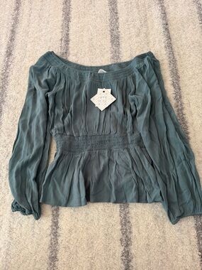 Hippie Rose Women's Teal Off-Shoulder Smocked Waist Blouse